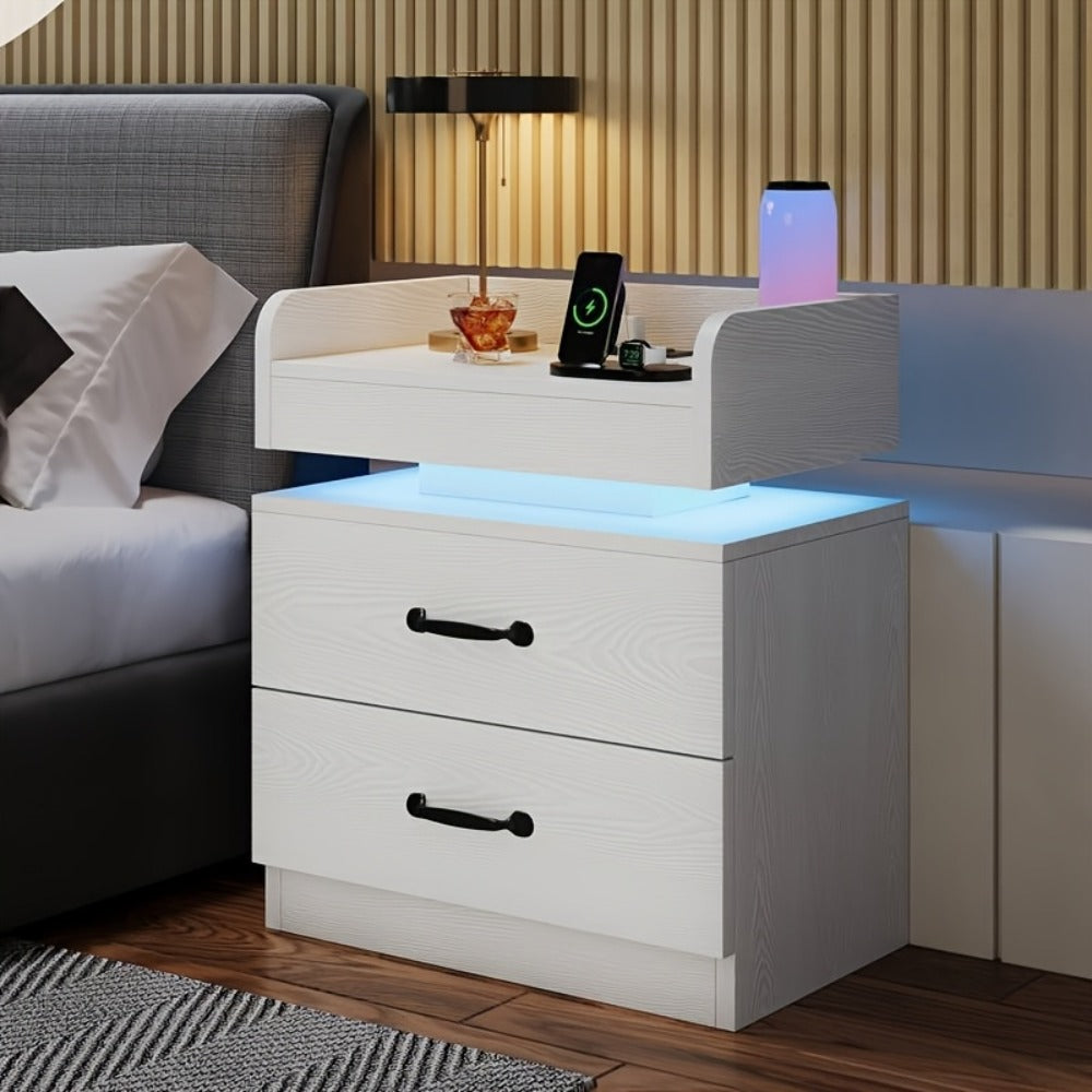 Wooden Nightstand with LED Ambient Light & Charging Station – Fabric Drawer, Blue Glow, Modern Bedside Table for Bedroom Living Room End Table, Black or White (Single or 2-Pack)