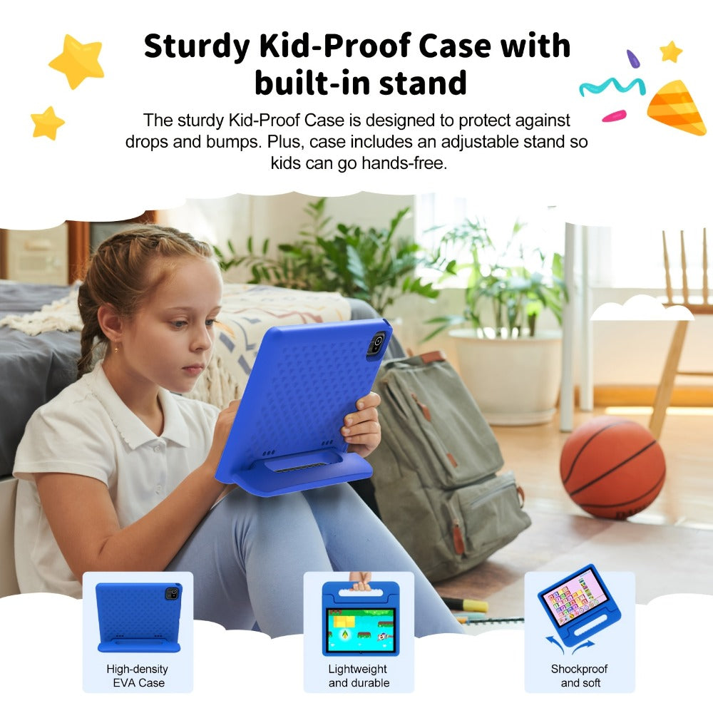 WiFi 6 Kids Tablet 10.1 Inch Android 6GB RAM 64GB ROM 5000mAh Dual Camera Parental Controls Eye Protection Preloaded Educational Apps Games Learning Tablet with Case Gift for Kids Blue Pink