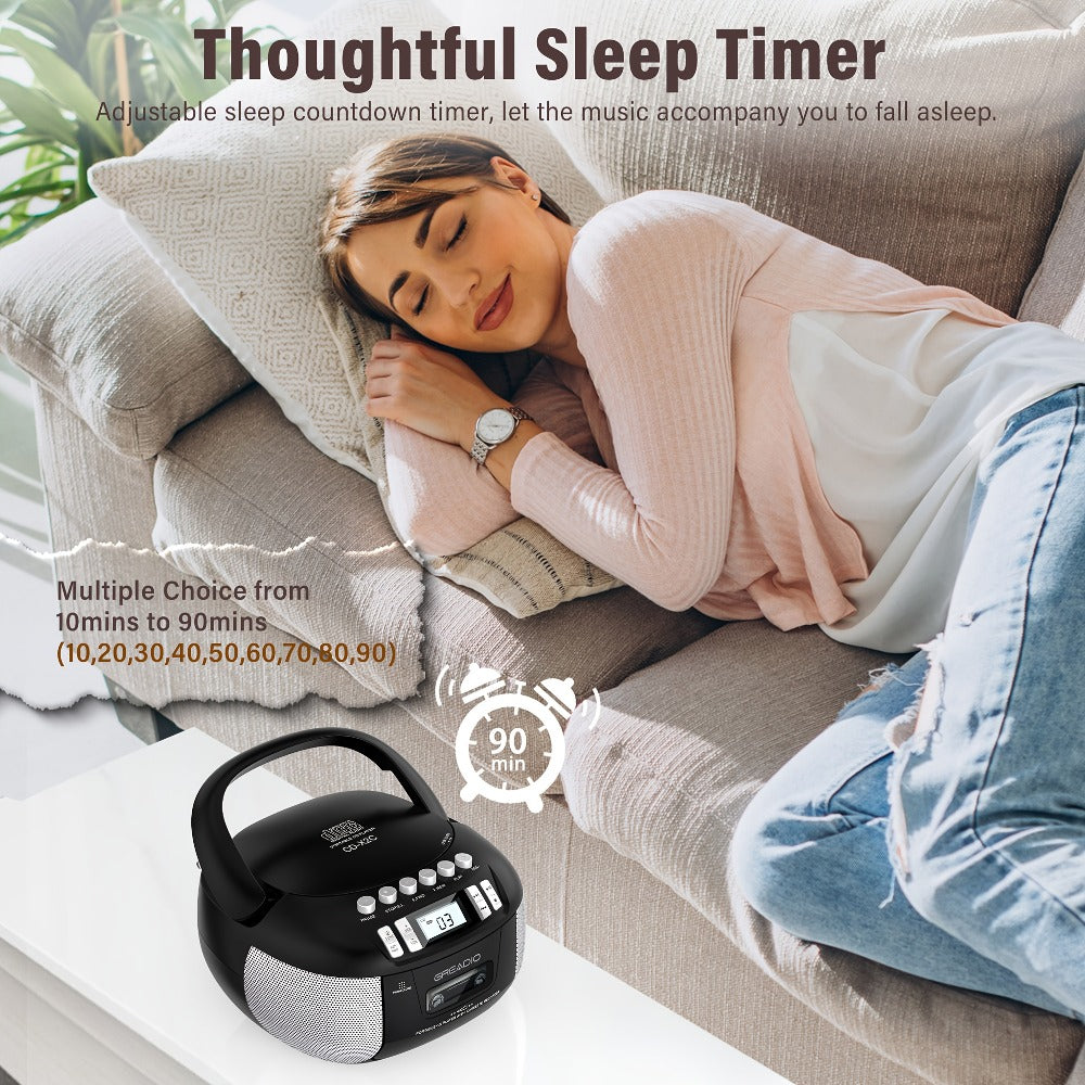 CD and Cassette Player Combo Boombox Portable AM FM Radio Tape Recording Stereo Sound AC DC Powered AUX Headphone Jack Sleep Timer for Home Seniors