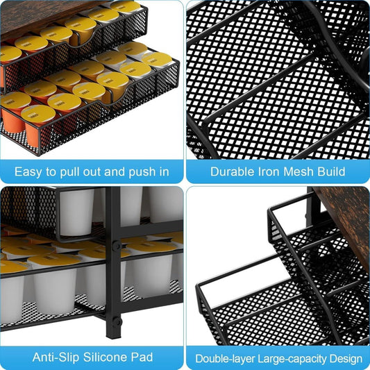 K-Cup Coffee Pod Holder, 72-Pod Capacity, 2 Sliding Drawers with Wood Top, Silver