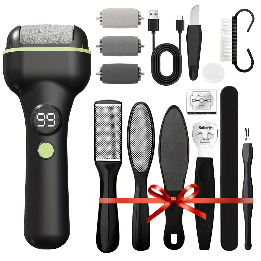 Hard Skin Remover for Feet Electric 14-in-1 Professional Pedicure Kit Rechargeable Foot Grinder 3 Rollers 2 Speed Dead Skin Callus Scrubber Cracked Heel Foot File Complete Set Black