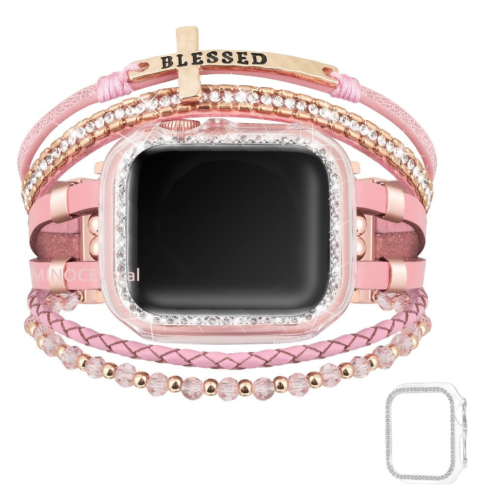 Boho Apple Watch Band 2-in-1 Bracelet & Protective Case for Women, Handmade Multilayer Wrap Strap with Glitter Bumper, Fits Apple Watch 38/40/41/42/44/45mm Series 9 8 7 6 5 4 3 2 1 SE – Sky Blue Pink Gold