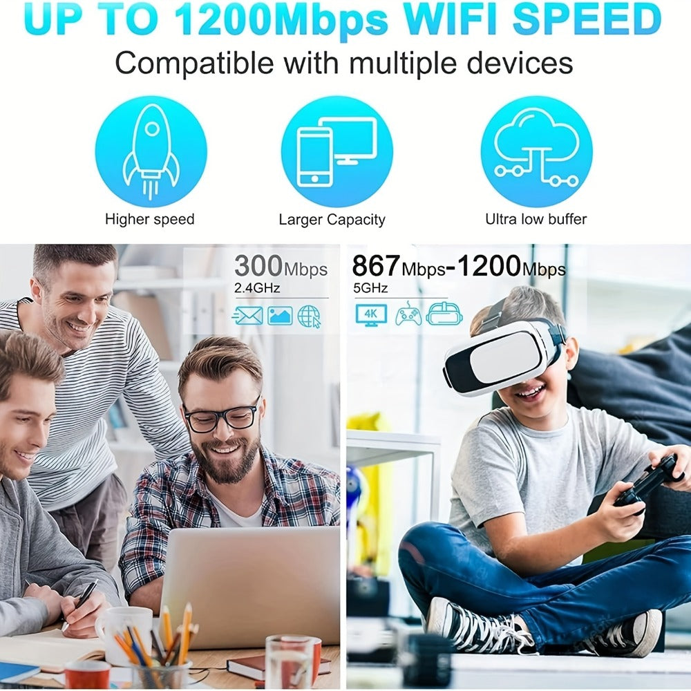 10000 Sq Ft WiFi Extender 1200Mbps 4-Mode - Dual Band 2.4GHz & 5GHz, 4 Antennas 360° Coverage, 6X Signal Boost, Penetrates Walls, 35 Devices, Repeater Access Point Router WISP, 1-Tap Setup, Black