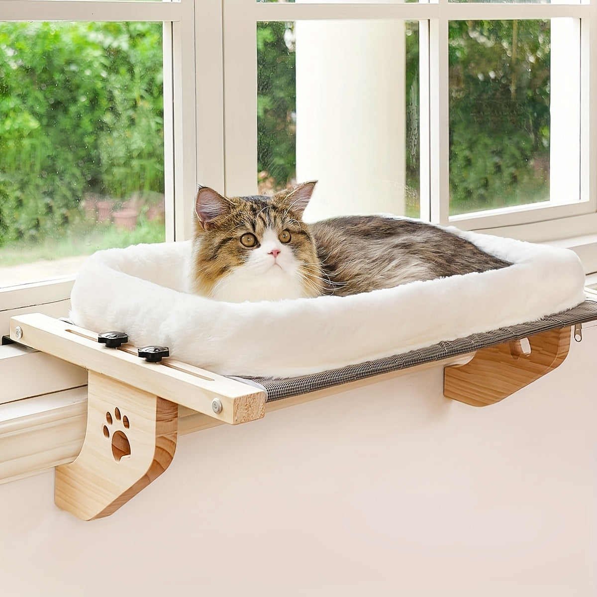 Cat Window Frame Hammock Adjustable - Durable Frame Cat Bed with Paw Print Pattern, Easy Install Window Sill Bedside Cabinet Perch, Large Cat Hammock Lounger with Safety Fixation, Indoor Cat Furniture