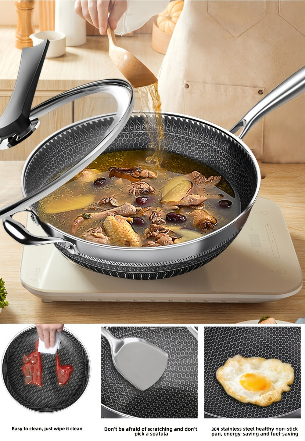 Stainless Steel Wok 13.3 Inch Honeycomb Non-Stick with Lid Spatula & Pot Brush – All Cooktop Compatible Stir Fry Pan | Induction Gas Electric Ceramic | Complete Kitchen Wok Set Cooking Accessories