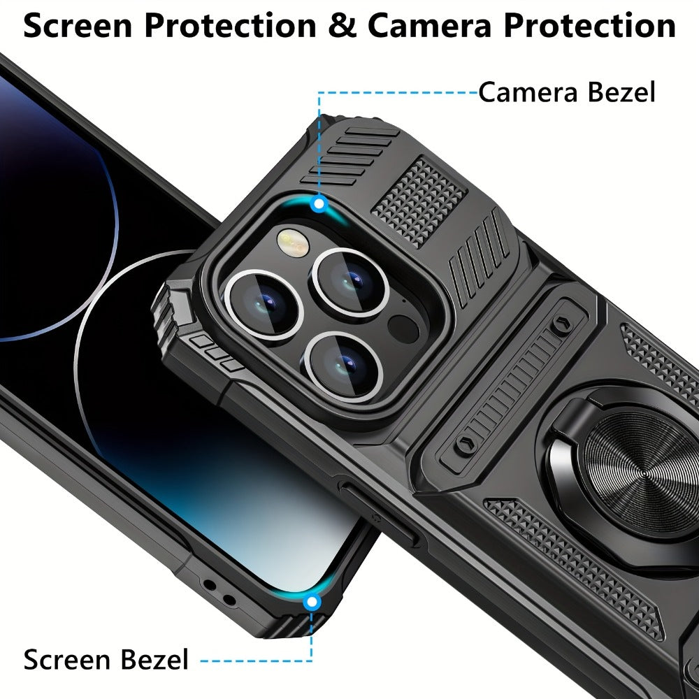 360° Metal Stand iPhone Case with Dual Card Slot Heavy Duty Shockproof Hard Shell Cover for iPhone 16 15 14 13 11 Pro Max Plus 8 7 Series – Rotating Kickstand Wallet Phone Case