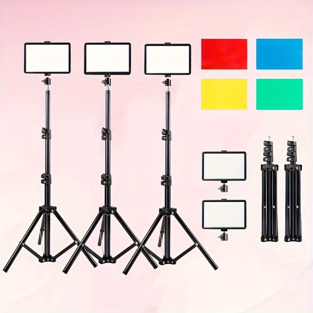 LED Video Light Panel 5600K Dimmable Photography Lighting Kit with Adjustable Tripod Stand & 4 Color RGB Filters for Vlogging Streaming Studio Table Top Photo Video Shooting Content Creator