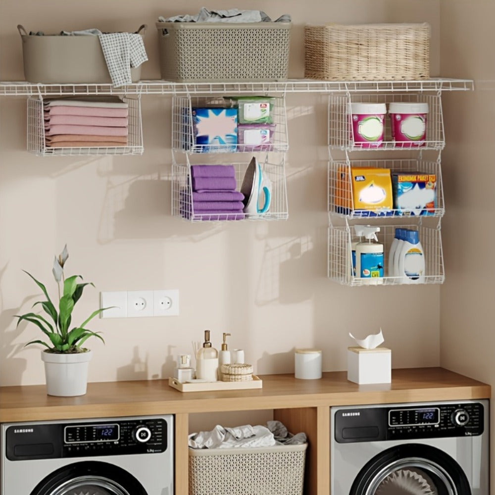 Hanging Laundry Basket Organizer 3pcs - Foldable Laundry Bag with 360° Rotating Hook for Washing Machine & Drying Rack, Space Saving Metal Mesh Laundry Hamper for Bathroom, Laundry Room | Black & White
