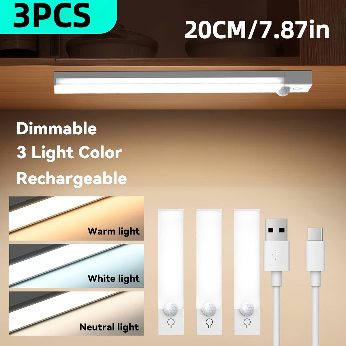 Motion Sensor Light 3 Pack USB Rechargeable LED Cabinet Light Dimmable 3 Color Temps Magnetic Base for Kitchen Closet Stairs Hallway Bedroom 7.87" 11.81"