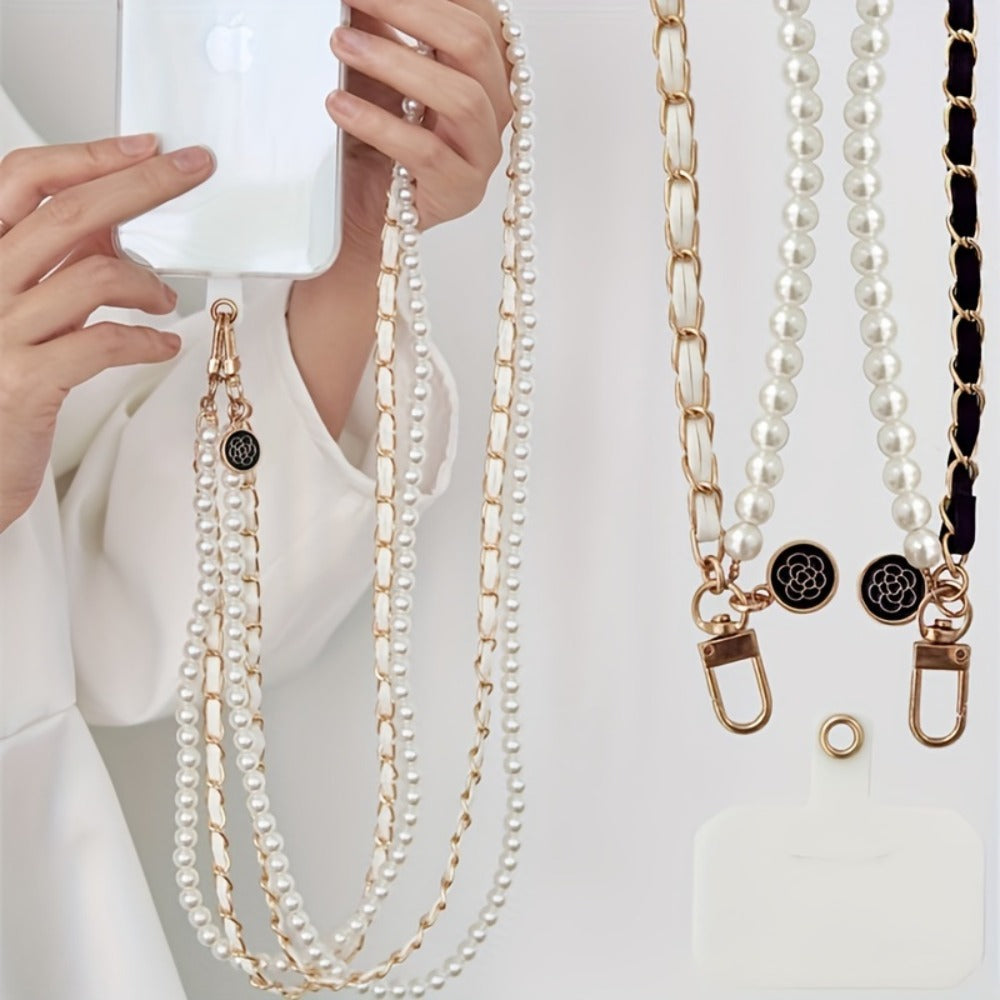 Pearl Double Chain Phone Strap Crossbody Wristband Lanyard for Women Girls – Faux Pearl Leather Clip-On Hanging Chain Strap for iPhone Samsung Android Smartphones – Aesthetic Y2K Fashion Accessory Black White