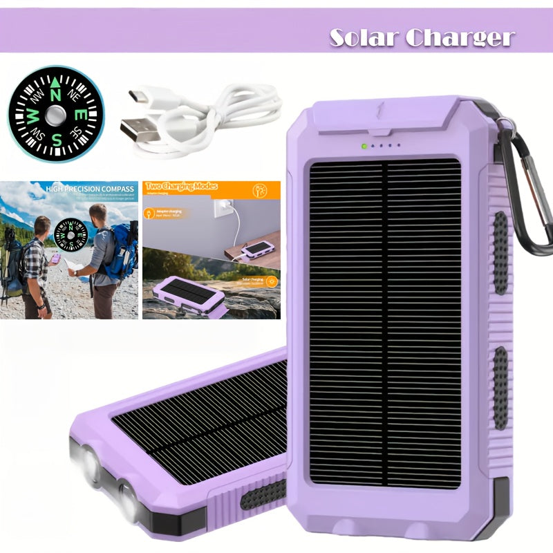 Hiking Solar Power Bank 10000mAh with Compass LED Flashlight & Carabiner Clip – Portable USB Charger for Camping Backpacking Travel Emergency Prep – Works with All Phones, Data Cable & Backpack Hook Included