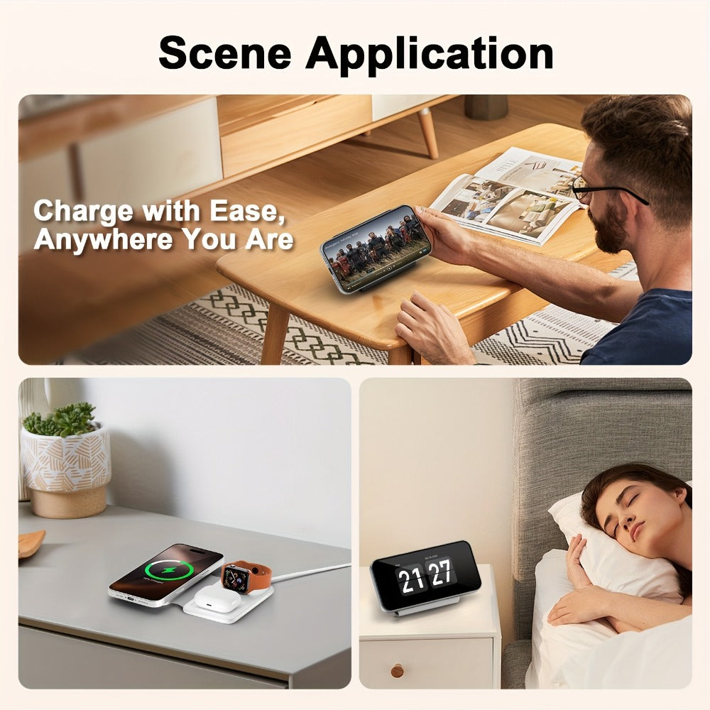 3-in-1 Wireless Charging Station Foldable 15W Fast Charge, Charges iPhone 16 15 14 13 12 Pro Max + Apple Watch Ultra 2 Series 9 8 7 6 5 4 3 2 1 + AirPods 3 2 Pro Simultaneously – Portable Travel Charger