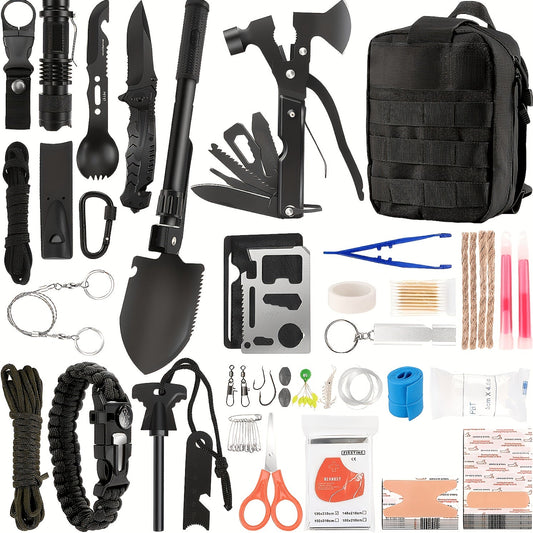 Survival Kit with MOLLE-Compatible Design, Axe, Folding Shovel, Knife and Lantern