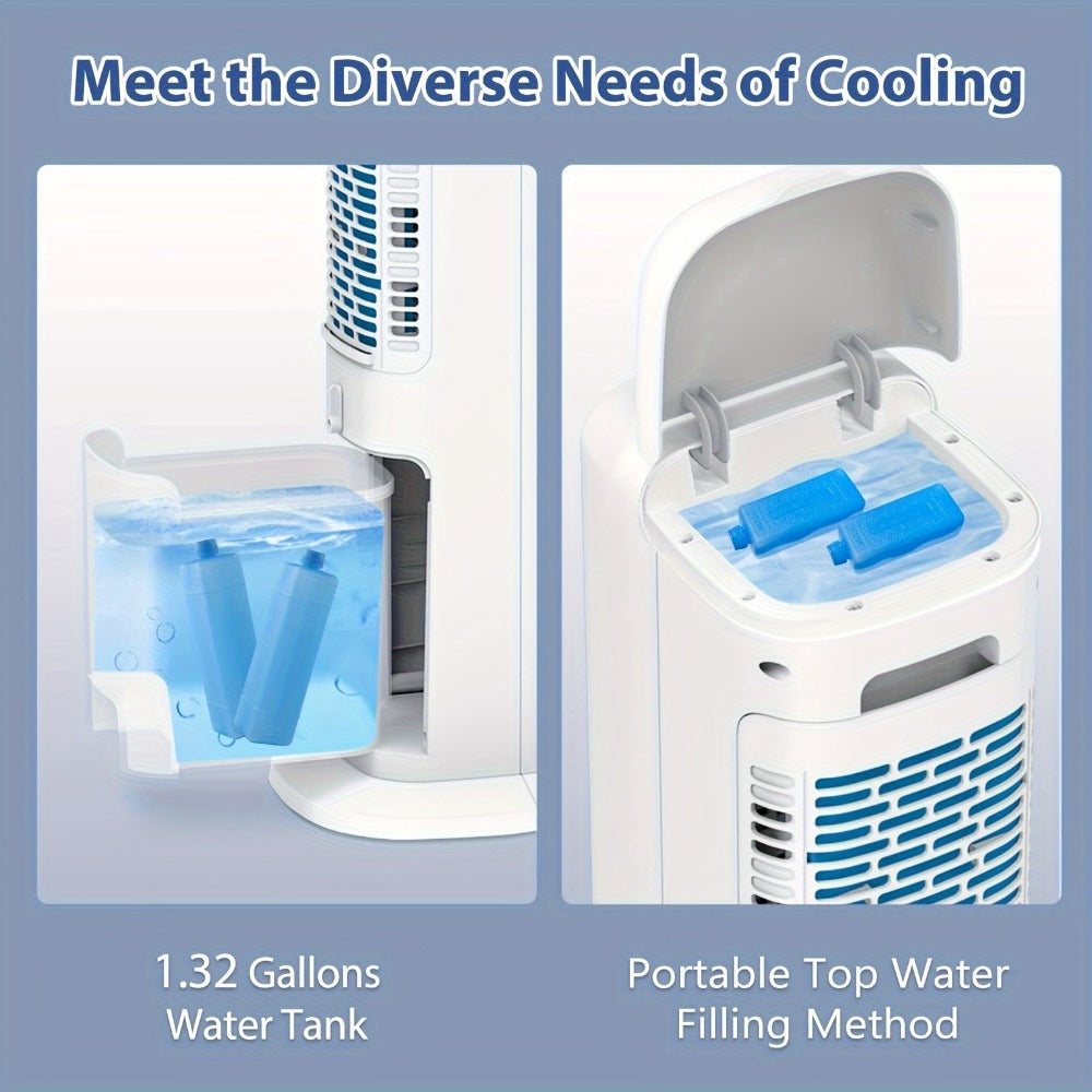 Evaporative Air Cooler Portable 1.32 Gal, 3-in-1 Swamp Cooler Fan Humidifier with Ice Cooling, 4 Ice Packs, 70° Oscillation & Low Noise, Bladeless Tower Fan Air Conditioner for Bedroom Kitchen Office