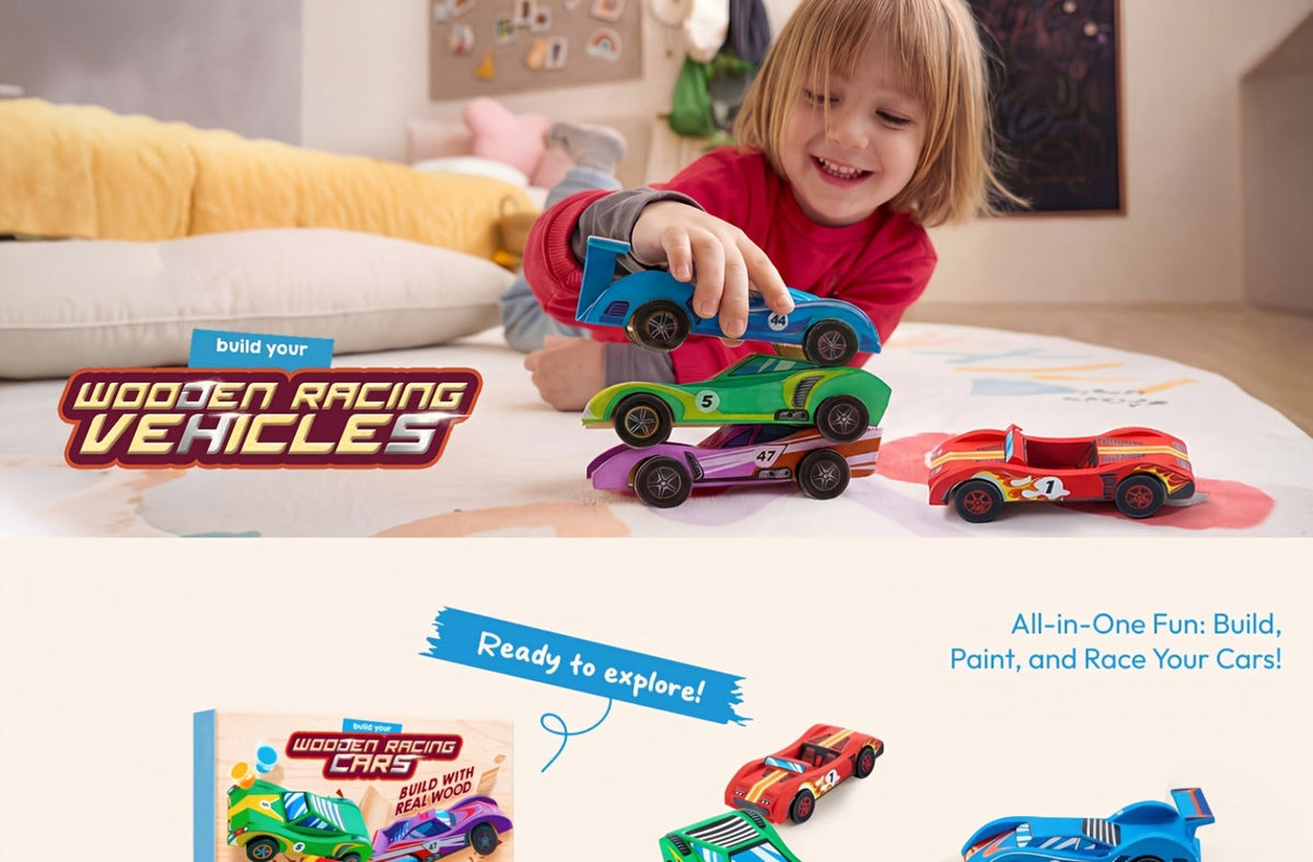 DIY Wooden Race Car Kit, 4 Cars to Build and Paint for Kids Ages 8+