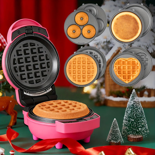 Mini Waffle Maker, 4-in-1 with Removable Nonstick Plates and Recipe Guide