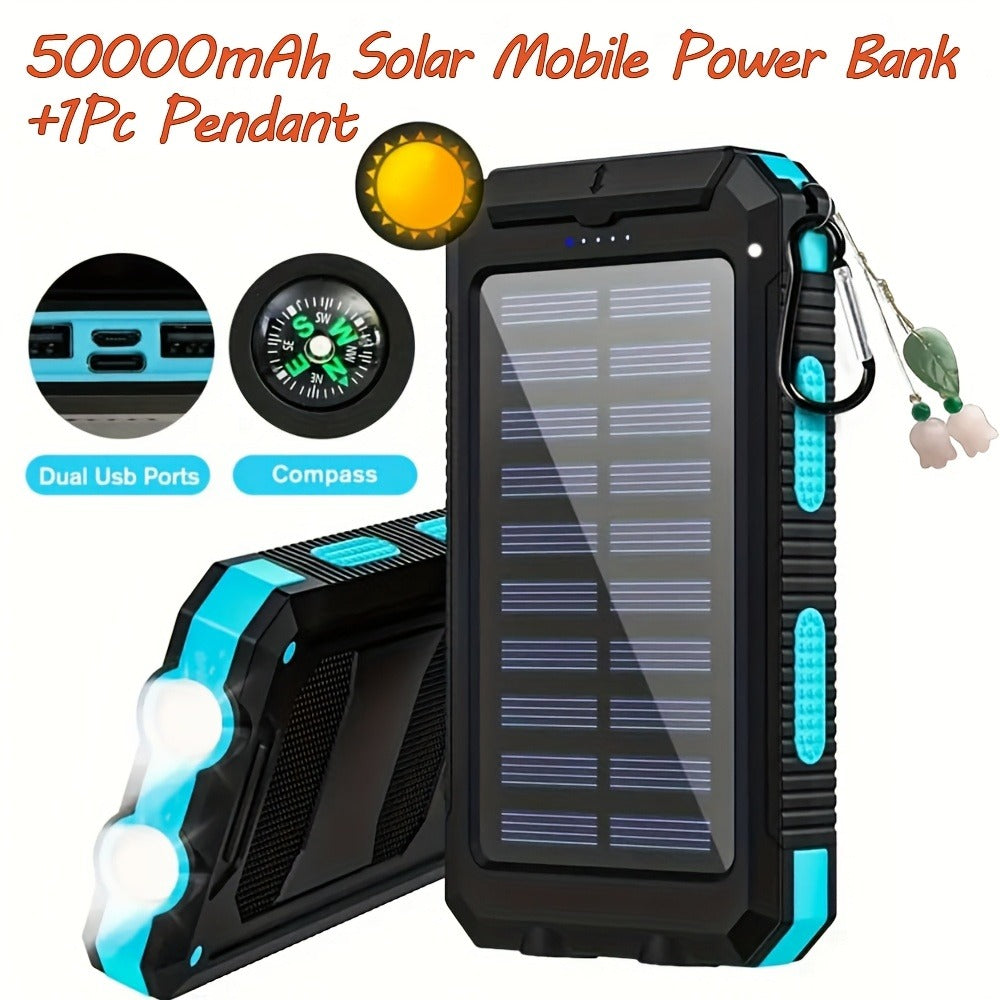 Solar Power Bank 50000mAh with Dual LED Flashlight SOS Mode & Compass – Portable Solar Charger Dual USB for Camping Hiking Travel Emergency Outdoor Survival for iPhone Samsung Android All Cell Phones