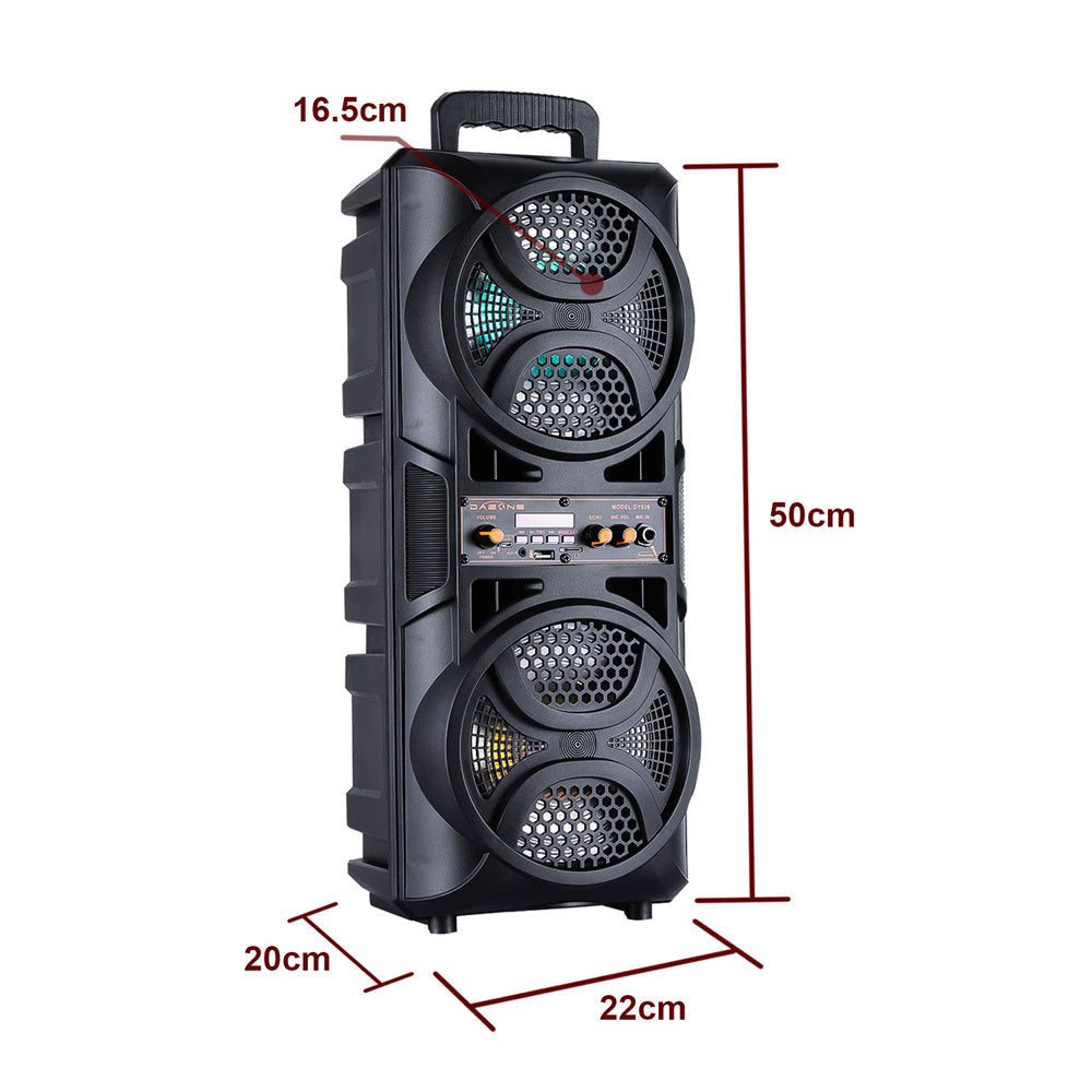 Portable Karaoke Bluetooth Speaker with Wheels & Microphone – Party DJ Sound System Dual 6.5" Woofer LED Lights FM AUX TF USB TWS Rechargeable Outdoor Speaker