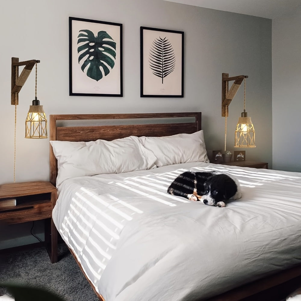 Plug In Wall Sconces Set of 2 or 1 – Rustic Farmhouse Wall Lamp with Metal Cage & Wooden Bracket, Plug-Into-Outlet Hanging Light for Bedroom, Living Room & Headboard