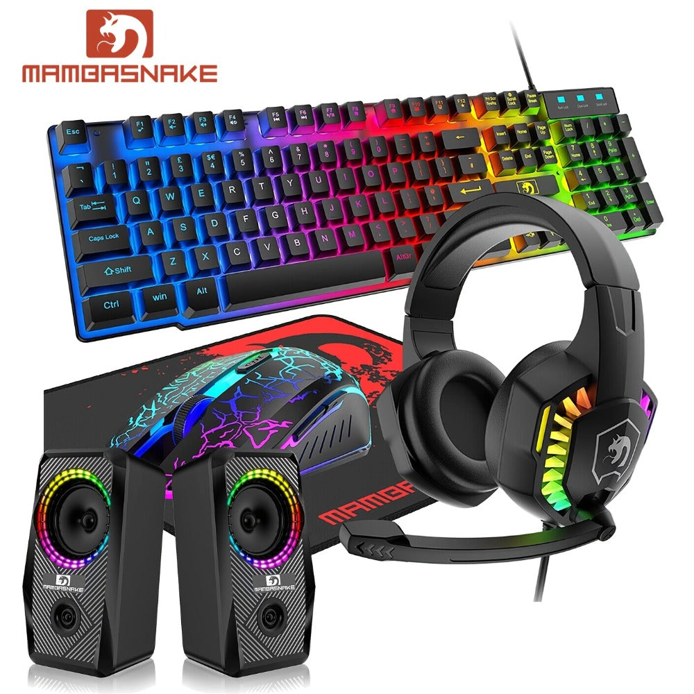 Complete 5-in-1 Gaming Setup Bundle RGB – 104 Keys Wired Keyboard, 2400 DPI Optical Mouse, Gaming Headphone, Speaker & Large Mouse Pad for PC, Mac, PS4 & Xbox | All-in-One Gaming Combo | Black & White