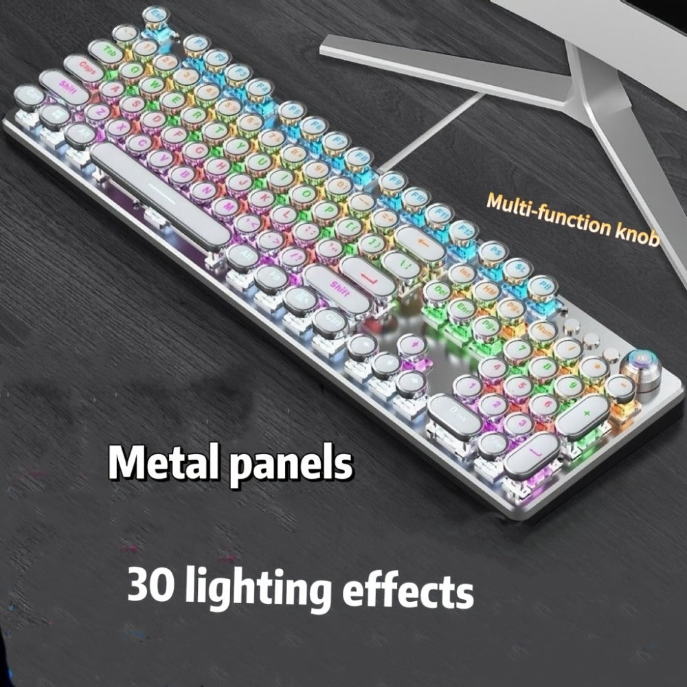 Typewriter Mechanical Keyboard with Green Switches – Retro Punk Style RGB Backlit Wired Gaming & Office Keyboard with Volume Knob, Compatible with PC Laptop Mac – Unique Gift for Her & Him