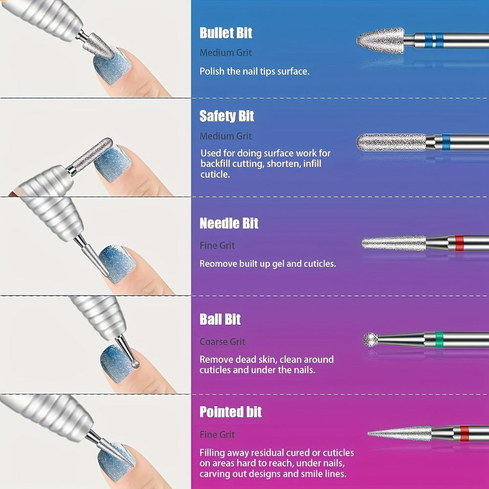 Nail Drill Bit Set Tungsten Steel & Ceramic Grinding Heads with Storage Box for Gel Removal Nail Enhancement Polishing Shaping Multi-Grit Abrasive Bands Coarse Medium Fine Electric Nail Drill Machine