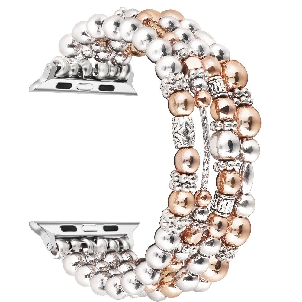 Elastic Beaded Watch Band for Apple Watch Series 1-11 SE Ultra 38mm 40mm 41mm 42mm 44mm 45mm 46mm 49mm Handcrafted No-Buckle Stretch Bracelet Replacement Strap Women Silver Rose Gold Golden