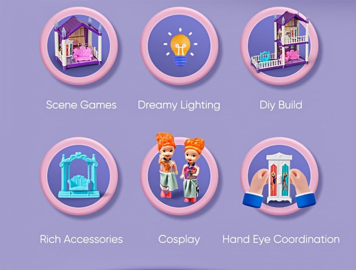 Purple LED Dollhouse Playset with 6 to 16 Room Options and Furniture