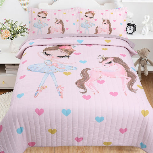 Kids Bedspread Set with Pink Princess Pony Print and 2 Pillowcases, 3-Piece