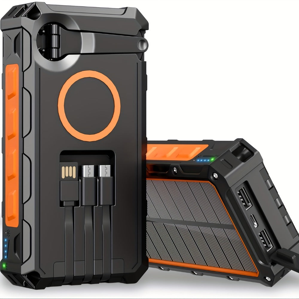 Hand Crank Solar Power Bank 30000mAh Wireless Charging 7 Output Ports 4 Input Options SOS Emergency Light 15W Fast Charge 3 Built-in Cables Camping Hiking Outdoor Survival Orange