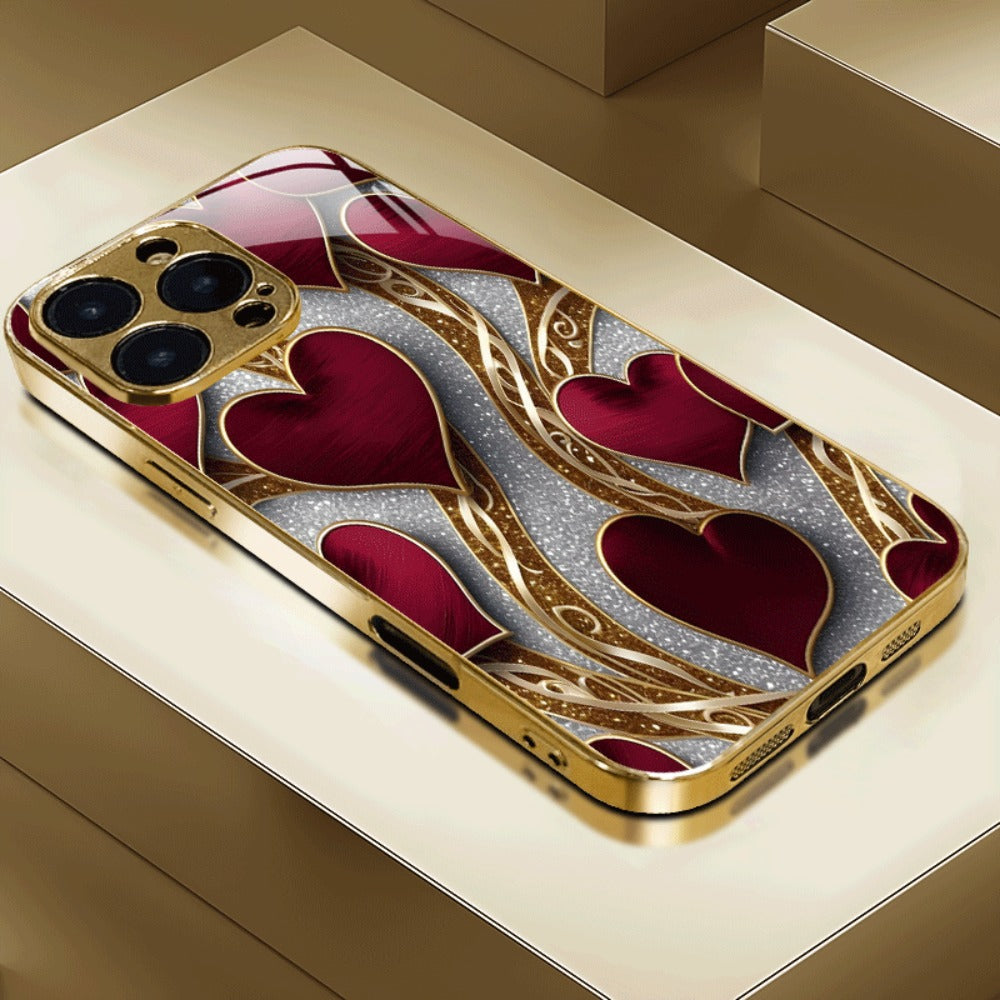 Golden Heart Phone Case Luxury Aesthetic Slim Fit iPhone 17 16 15 14 13 12 11 Pro Max Plus XS XR Samsung Galaxy S25 S24 S23 S22 A-Series Cute Girly Gift Cover Red Gold Design