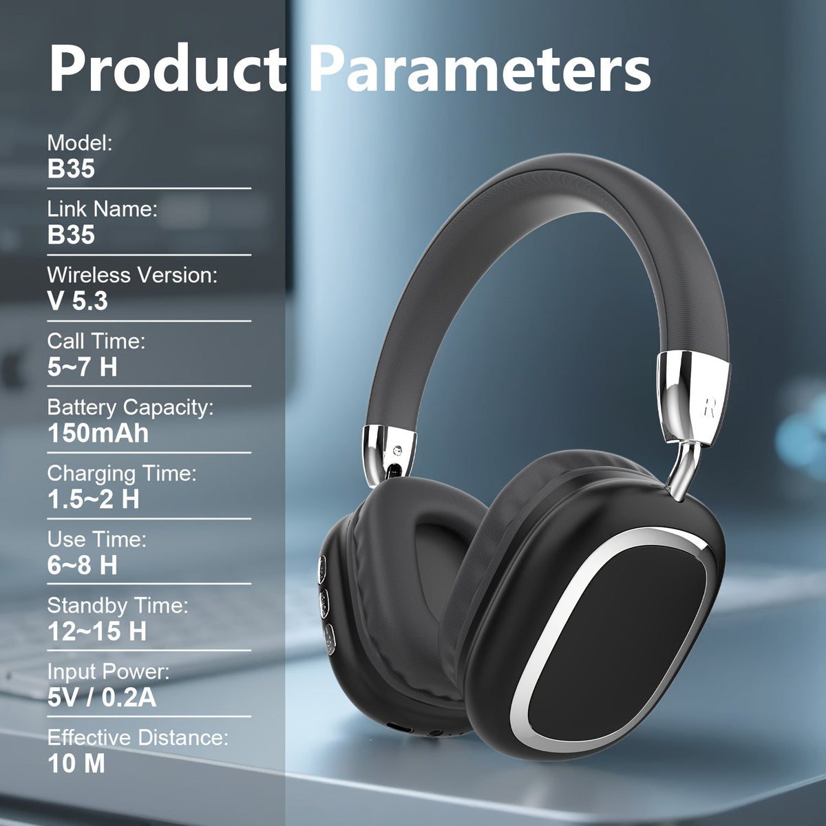 Noise Canceling Wireless Over-Ear Headphones Bluetooth 5.3 Metal 90° Rotating Earpads 6-8Hr Playtime for Music Gaming Commuting iOS Android Windows Compatible