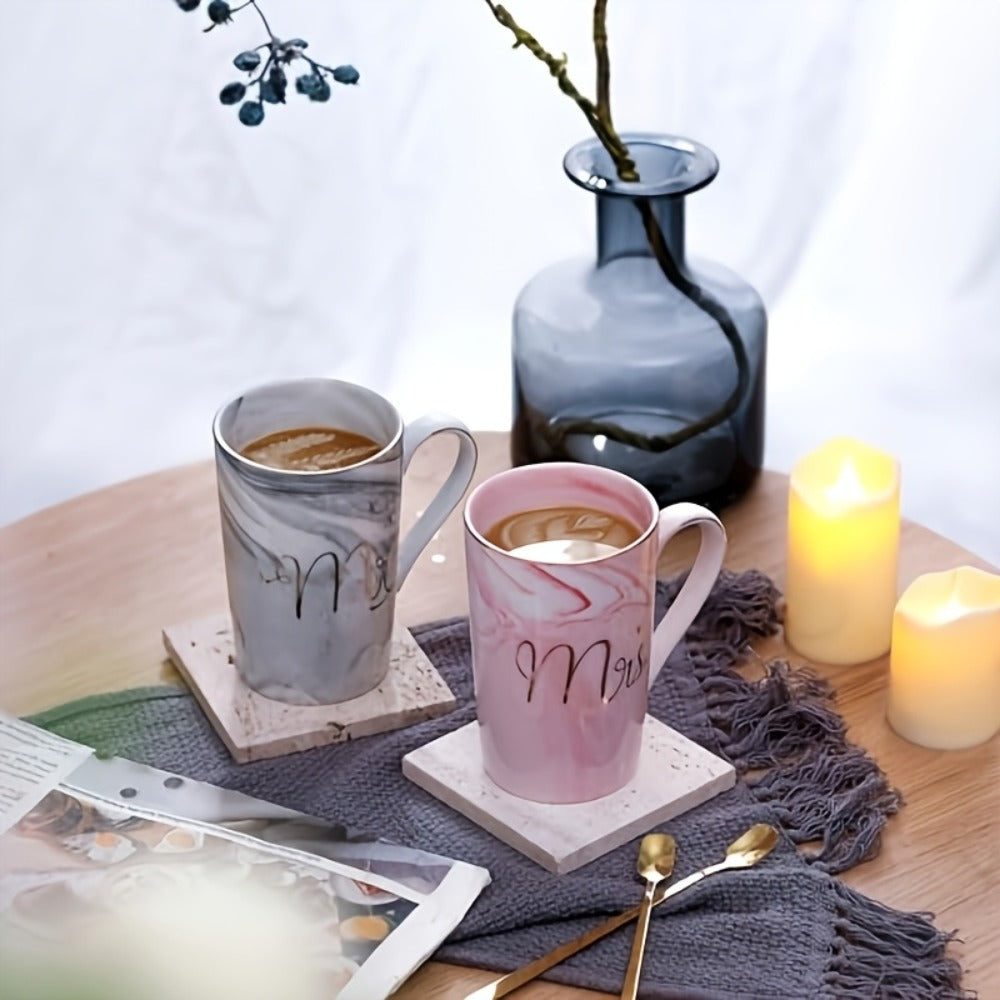 Mr and Mrs Mugs Wedding Gift Set 14oz Ceramic Marble – Bride and Groom Couples Mugs | Bridal Shower Engagement Anniversary Gift | Reusable Grey Pink Couple Coffee Mugs