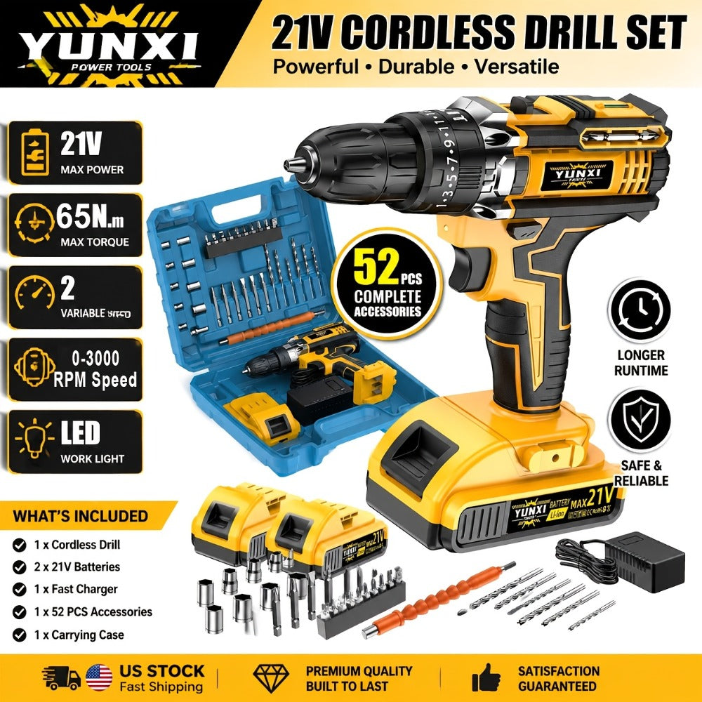 Cordless Impact Drill Set 21V – Electric Power Drill with 2.0Ah Battery, Fast Charger, Screwdriver Bits, Work Light, Variable Speed & Torque Control for Home & Car Repair, Men's Gift