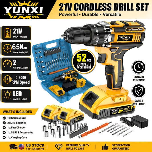 Cordless Impact Drill Set, 21V with LED Light, Adjustable Torque and Battery Kit Options