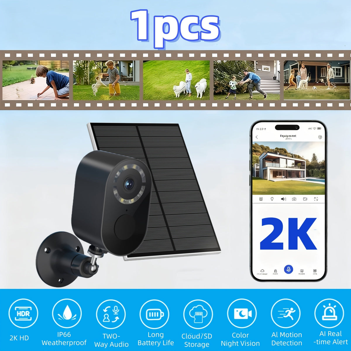 2K Solar Security Camera Outdoor Waterproof with Human Figure Alarm, Color Night Vision, 2-Way Audio, Low-Power WiFi Monitoring – Indoor Outdoor Pet Baby Surveillance Camera, 2.4G Wi-Fi