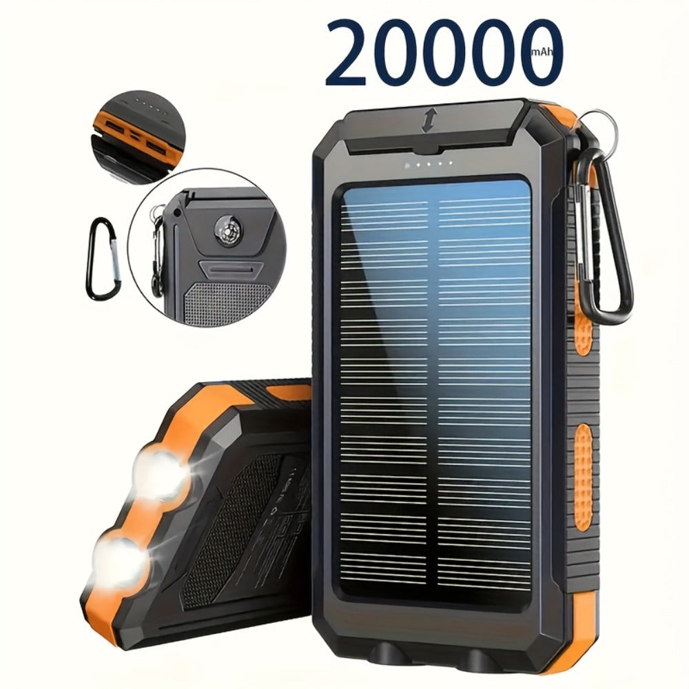 20000mAh Solar Power Bank with Built-In Flashlight & Compass – Dual USB Portable Charger for Camping Hiking Emergency Survival Outdoor Use, Compatible with All Mobile Devices, iPhone Android Samsung