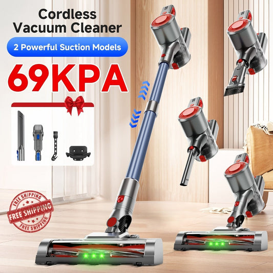 Vacuum Cleaner with Green LED Anti-Tangle Brush & Removable Battery, 55–69 kPa