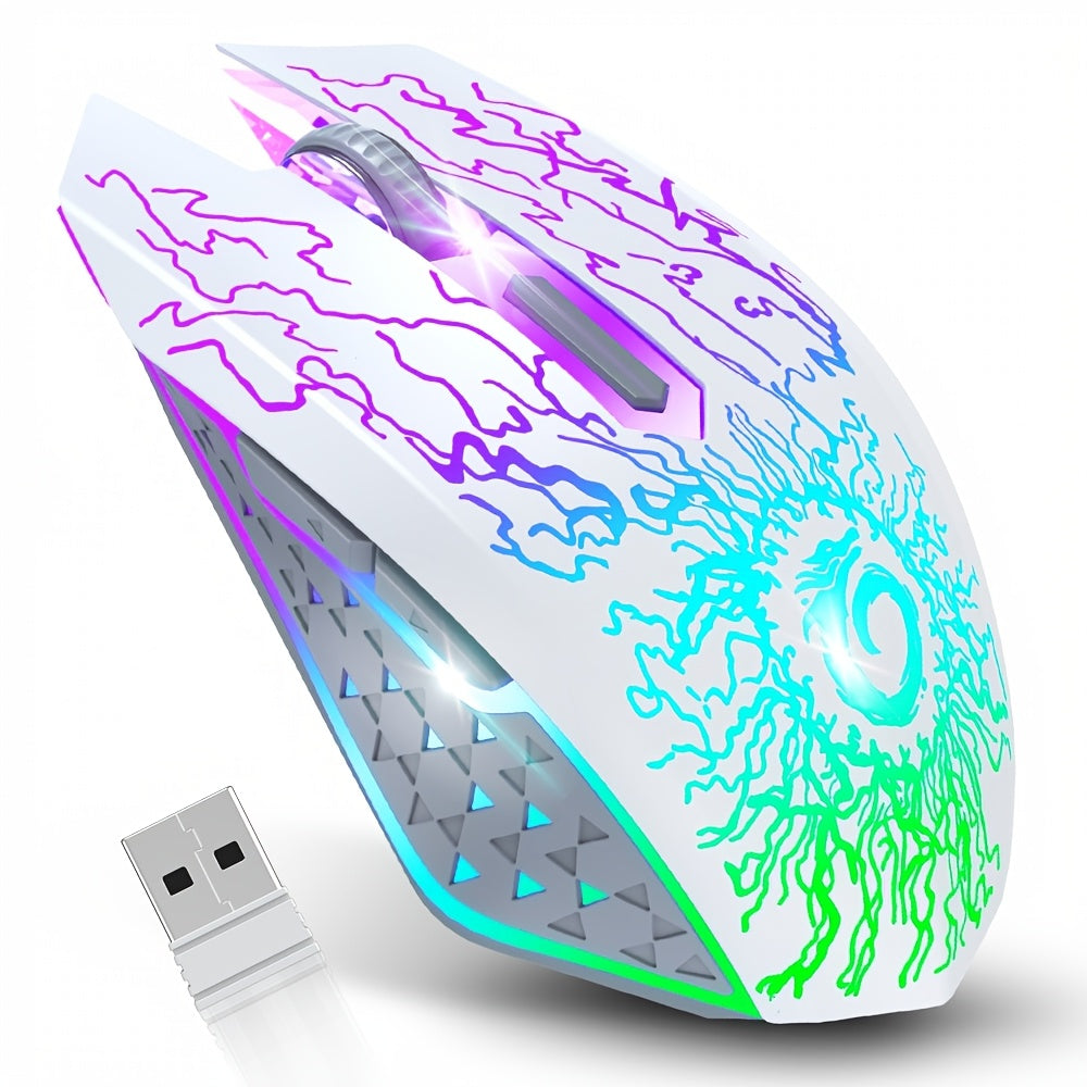 RGB Wireless Gaming Mouse Rechargeable Silent Click Colorful LED Lights 2.4G USB Nano Receiver USB-C Charging PC Mac Laptop Desktop Chromebook Black White Pink