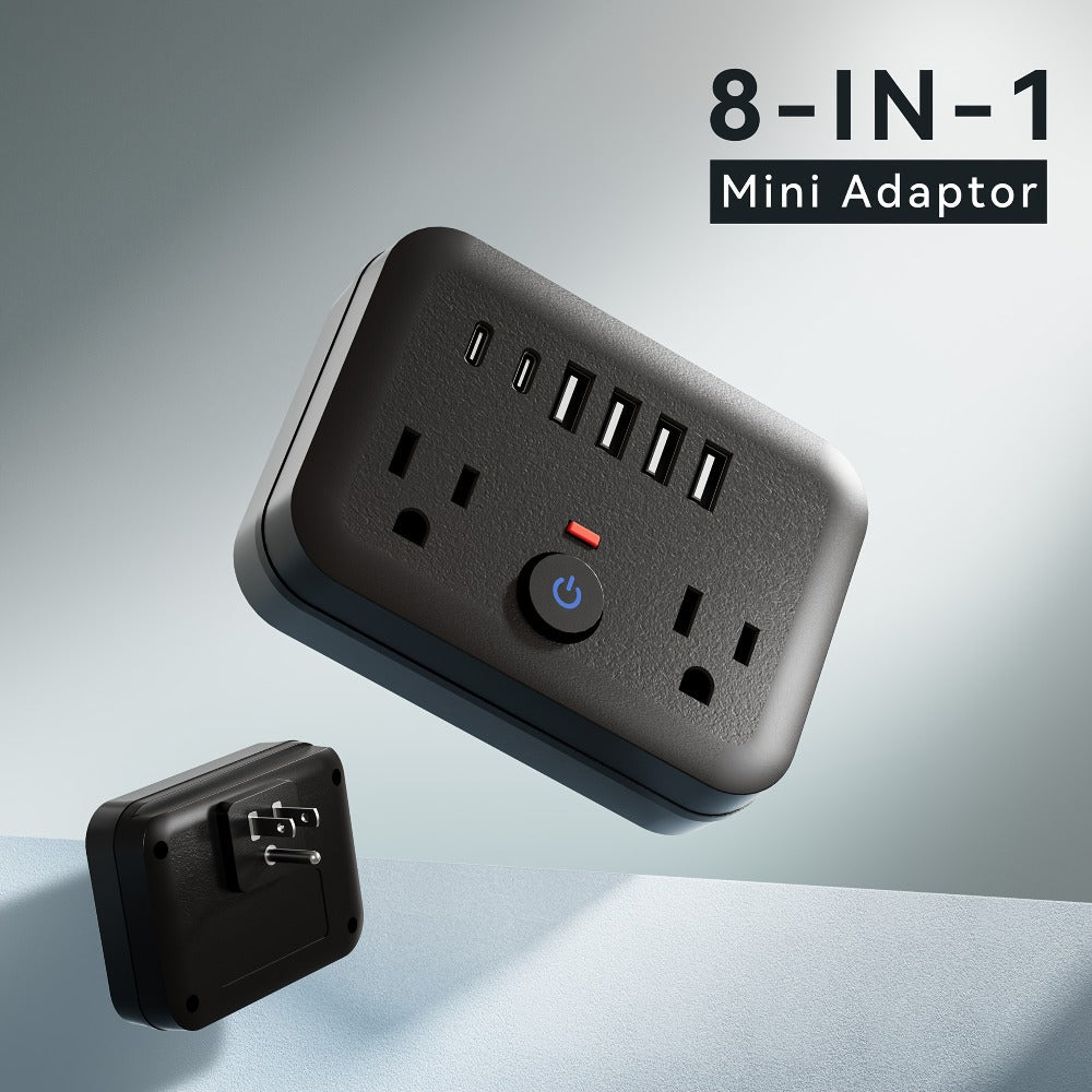 Compact Travel Surge Protector Power Strip 8-in-1 with 2 AC Outlets 4 USB-A Ports 2 USB-C Jacks Overload Protection Wall Mount Mini Portable Charging Station for Home Office Travel – Black or White
