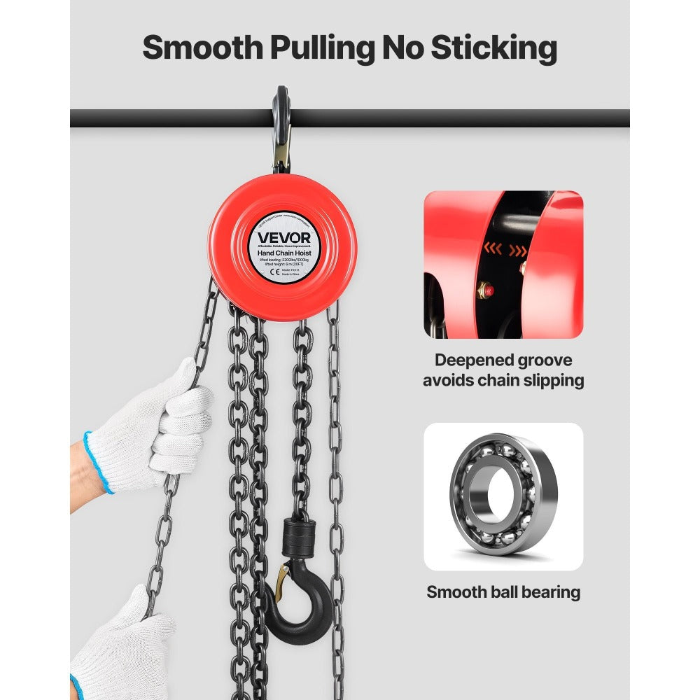 Hand Chain Hoist 2200 lb / 4400 lb Manual Chain Block with G70 Chain – 8 ft / 10 ft / 20 ft Lift Height, 360° Rotating Hooks, Security Brake, for Garage, Construction & Warehouse Lifting