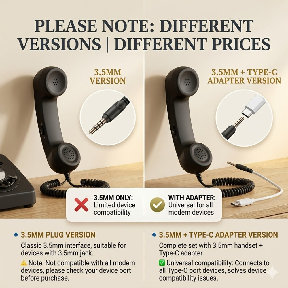 Retro Phone Handset for Smartphone Tablet & Computer – Hands-Free Calling, Volume Control, Clear Sound, 3.5mm & Type-C Compatible, iPhone Android, Multiple Colors, Great Senior Gift