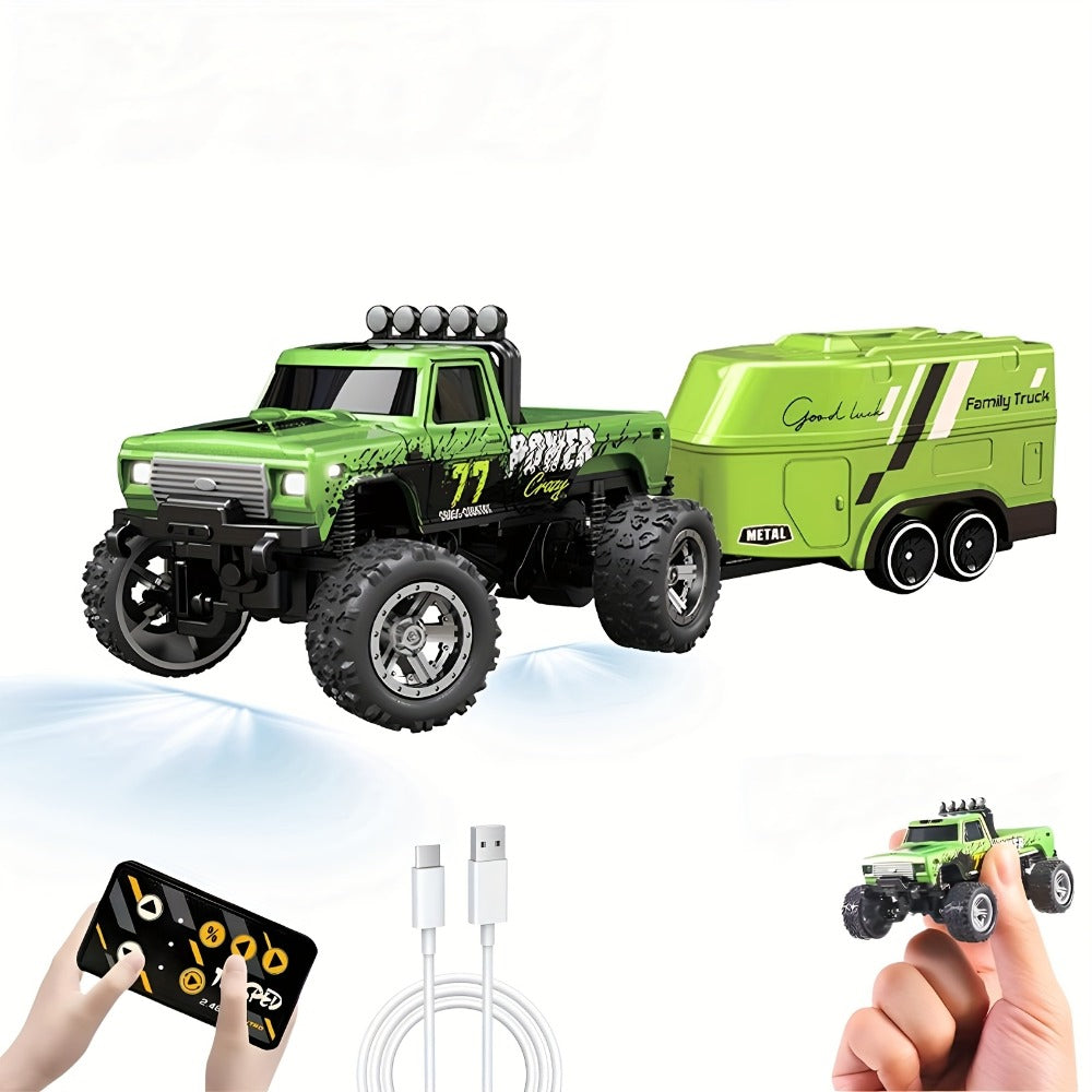 Mini RC Truck 1:64 Scale – 2.4GHz Alloy Off-Road Crawler with Detachable Trailer & LED Lights