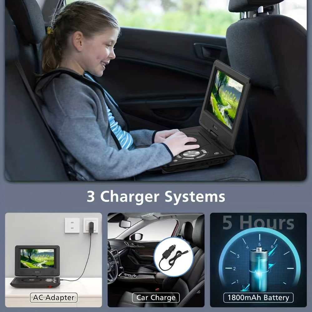 9 Inch Portable DVD Player for Kids Car Travel, Rechargeable Battery, Region Free, Dual Speakers, Earphone Jack, USB SD Card, Swivel Screen, Headrest Mount, Supports DVD CD VCD AVI MP3 JPEG