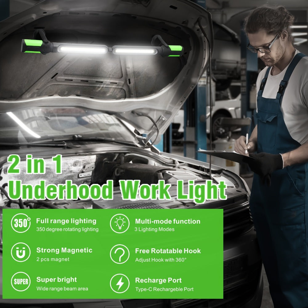 LED Work Light Rechargeable Cordless with Magnetic Base & Hook – Portable Mechanic Floodlight, Adjustable Brightness, Motion Sensor Control, Waterproof for Car Repair, Workshop, Garage, Outdoor & Emergency Use