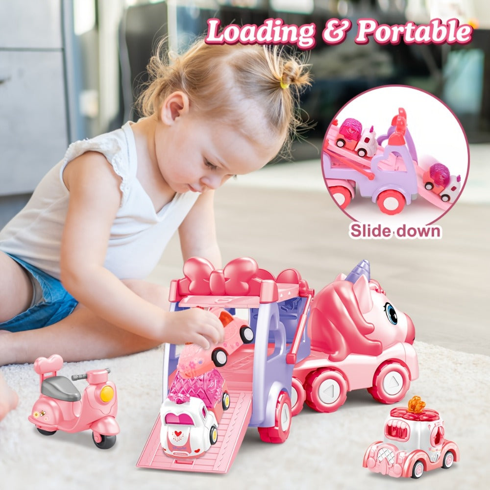 Pink Toy Car Carrier Truck with 4 Mini Cars, Music and Lights