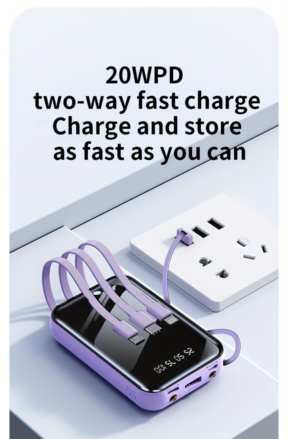 Built-in Cables Flashlight 50000mAh Power Bank Portable Charger, Fast Charging LED Display Emergency Battery Pack for iPhone Android Outdoor Travel Camping Hiking – Black Purple Available