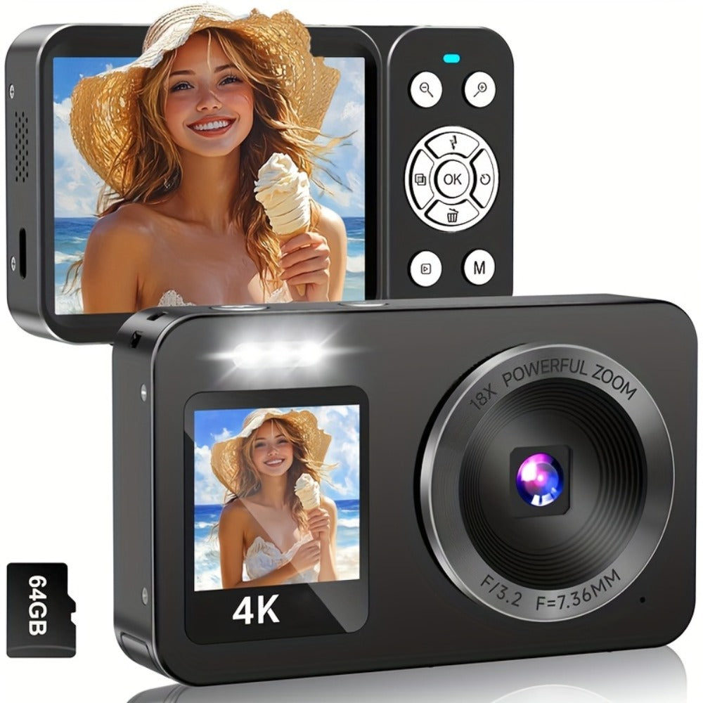 4K Dual Screen Digital Camera 18X Zoom Vlogging Camera with Anti-Shake 64GB Card & 2 Batteries – Selfie Point and Shoot Camera Gift for Friends Family