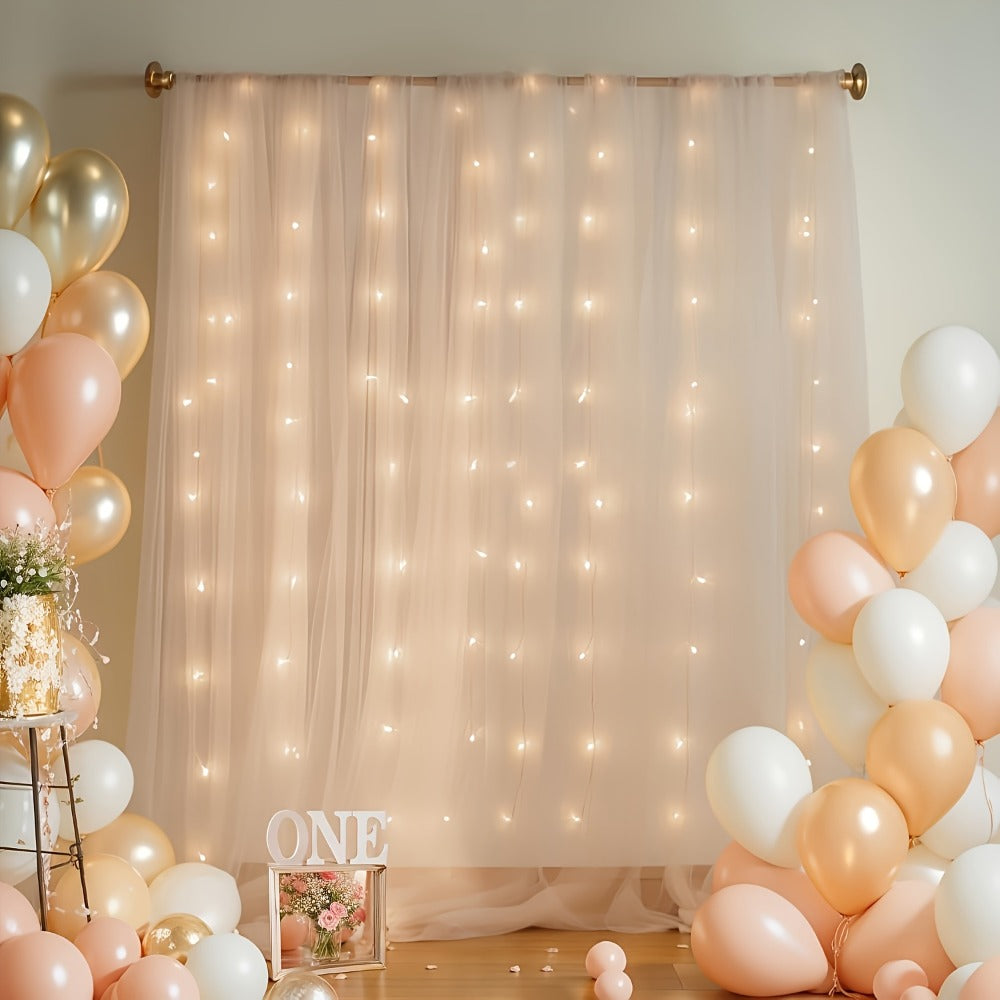 Champagne Tulle Backdrop with String Lights 5.2x10Ft 2pcs Sheer Curtain Photo Booth Props Wedding Party Background Decoration Non-Porous