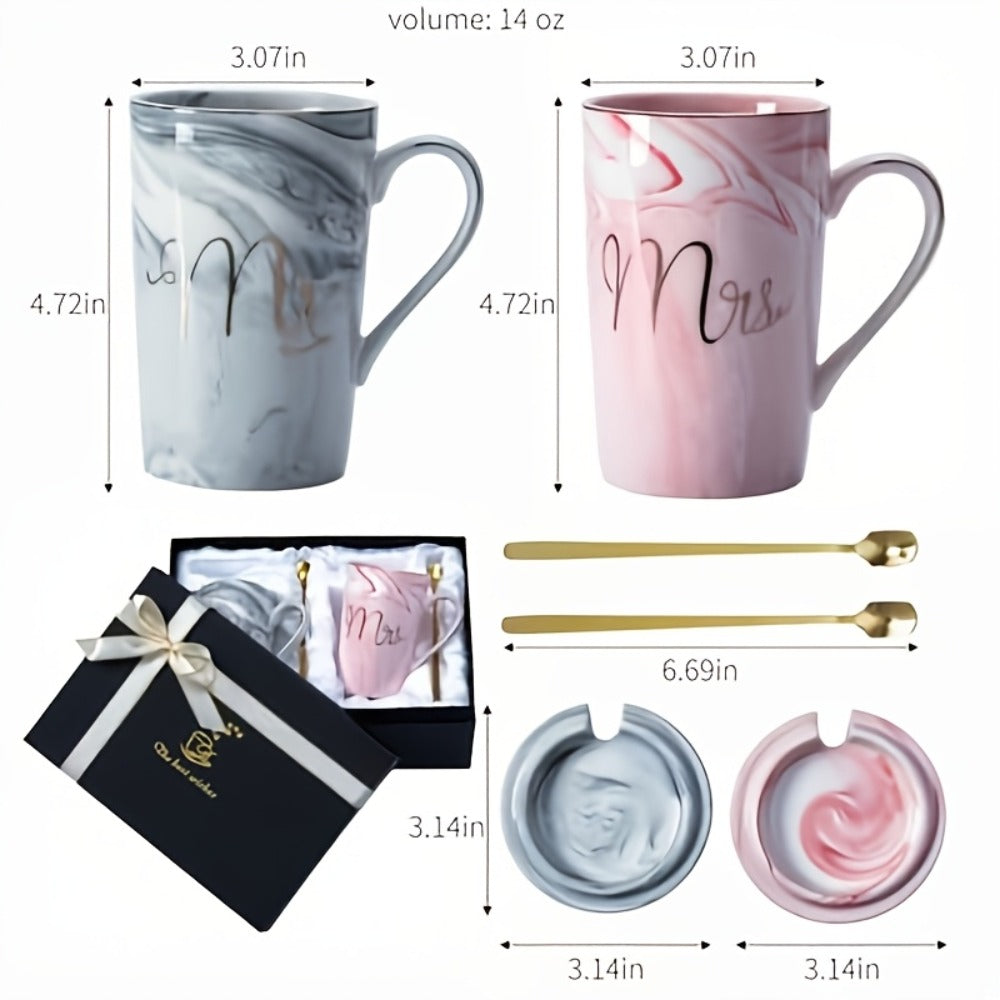Mr and Mrs Mugs Wedding Gift Set 14oz Ceramic Marble – Bride and Groom Couples Mugs | Bridal Shower Engagement Anniversary Gift | Reusable Grey Pink Couple Coffee Mugs